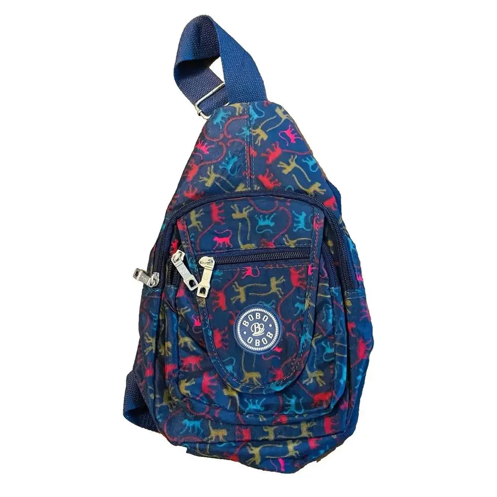 Bobo Obob Monkey Print Sling Backpack Crossbody Bag 4 Pocket Blue Colorful